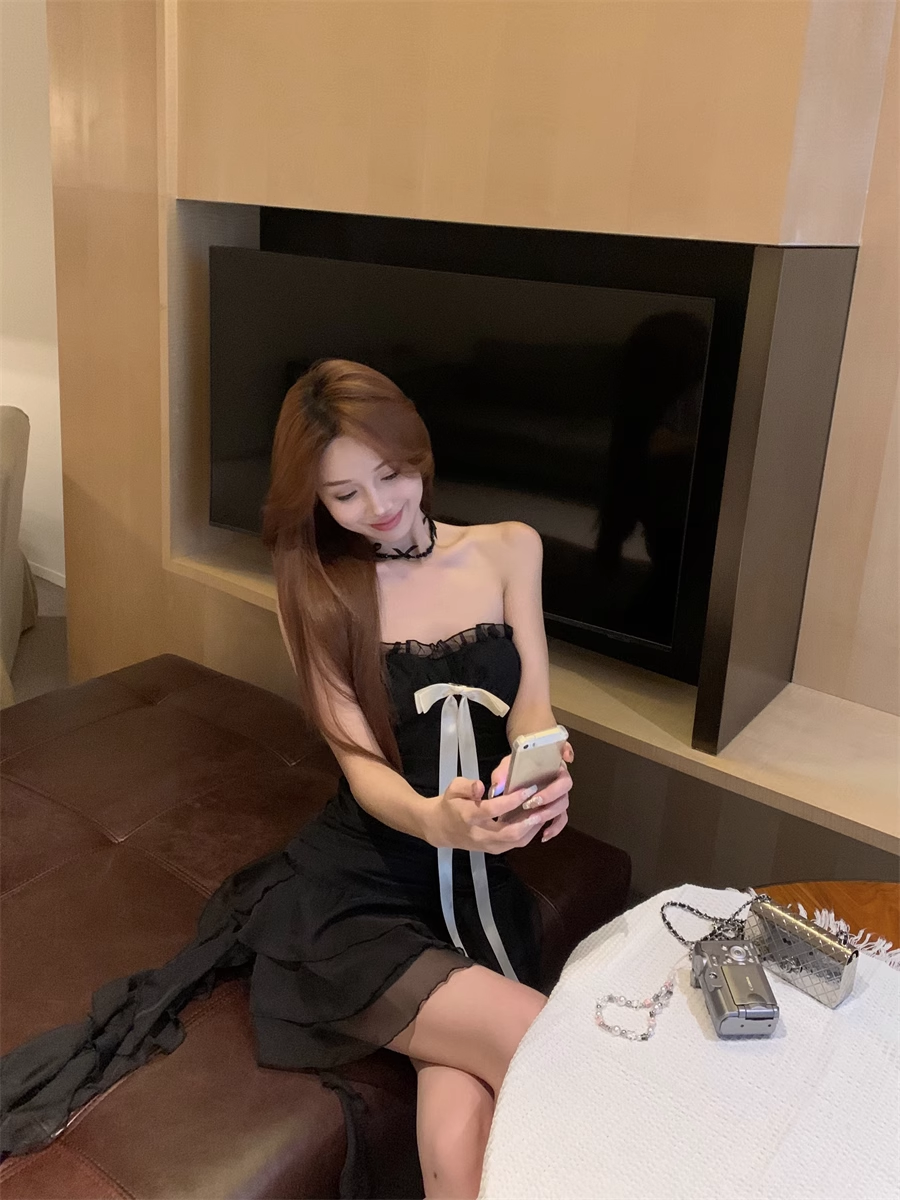 New Fashion Black Bow Design A-line Sleeveless Strapless Dress TP3420