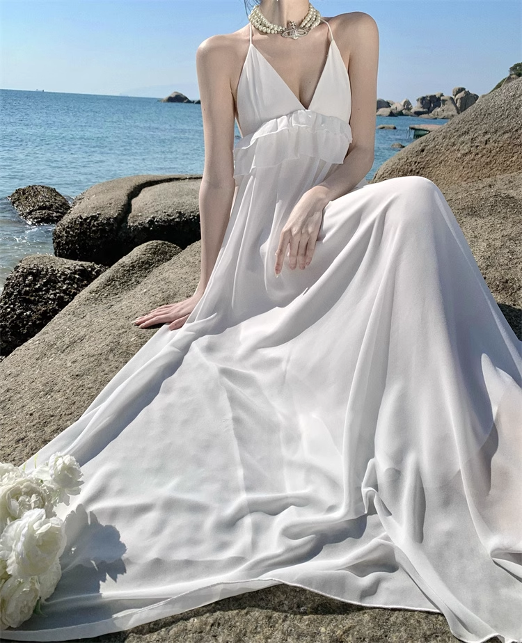 Simple Fashion Women White Design Sense Beach Holiday Banquet Halter Dress TP3075