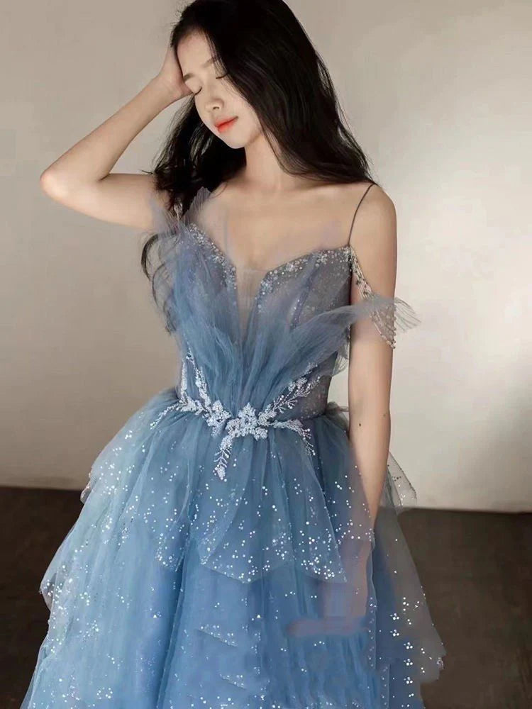 Vintage Blue Beaded Design Elegant A-Line Chiffon Tulle Evening Dress Prom Dress TP4121
