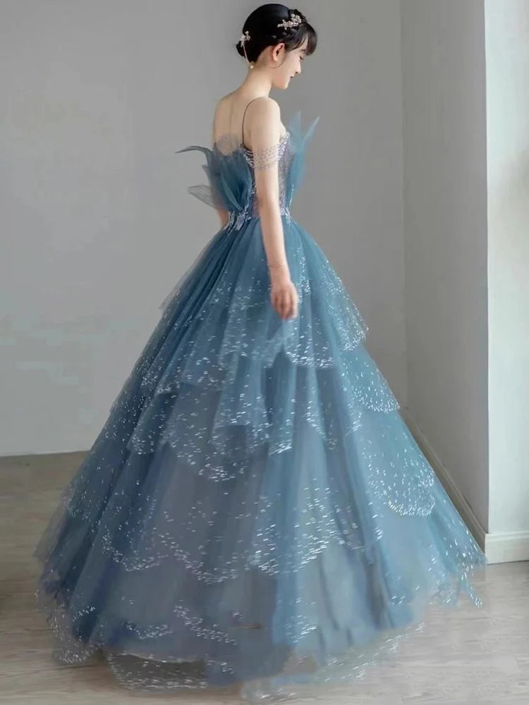 Vintage Blue Beaded Design Elegant A-Line Chiffon Tulle Evening Dress Prom Dress TP4121