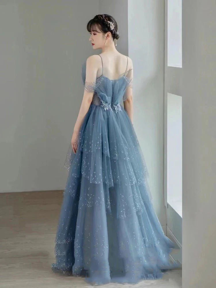 Vintage Blue Beaded Design Elegant A-Line Chiffon Tulle Evening Dress Prom Dress TP4121