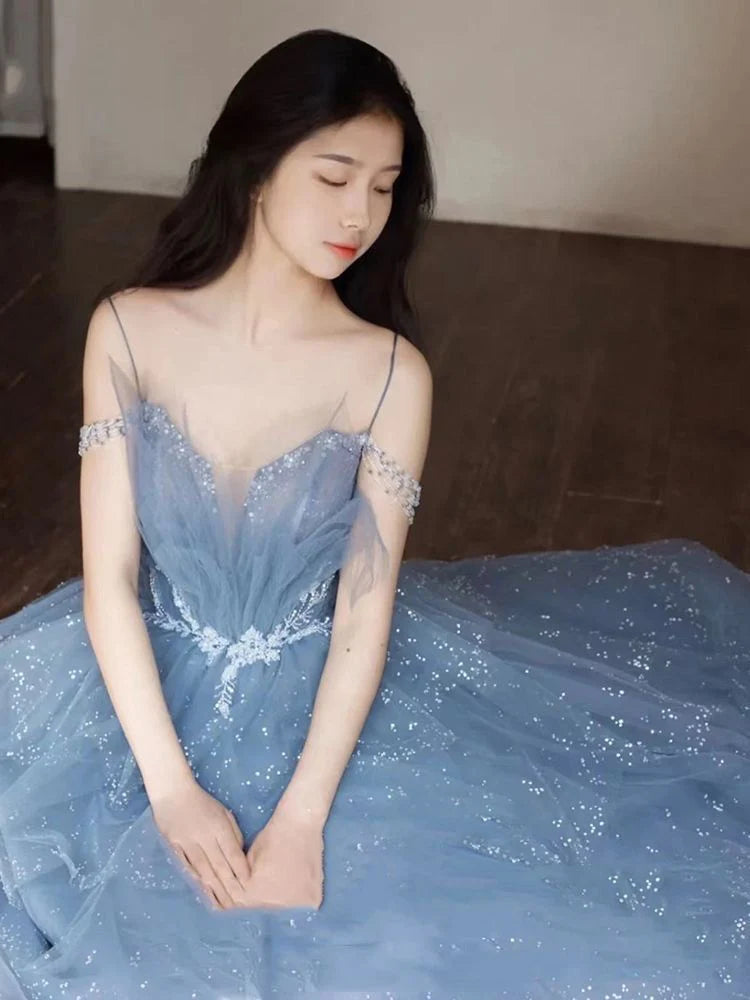 Vintage Blue Beaded Design Elegant A-Line Chiffon Tulle Evening Dress Prom Dress TP4121