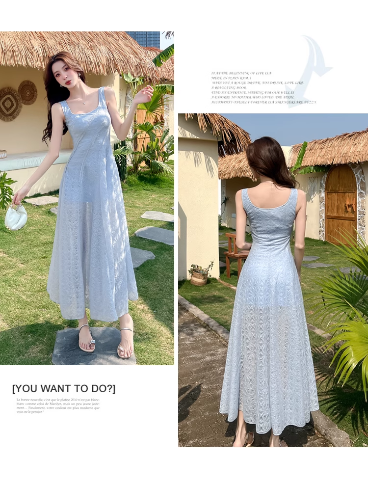 New Fashion Light Blue Mesh Lace Design A-line Beach Holiday Sleeveless Vest Dress TP3350