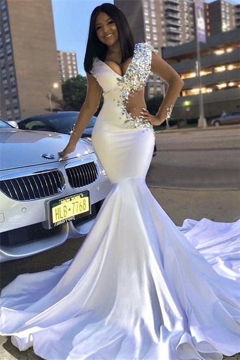 Hot Mermaid Rhinestones Satin Prom Dress V-Neck Sweep Train Tp09