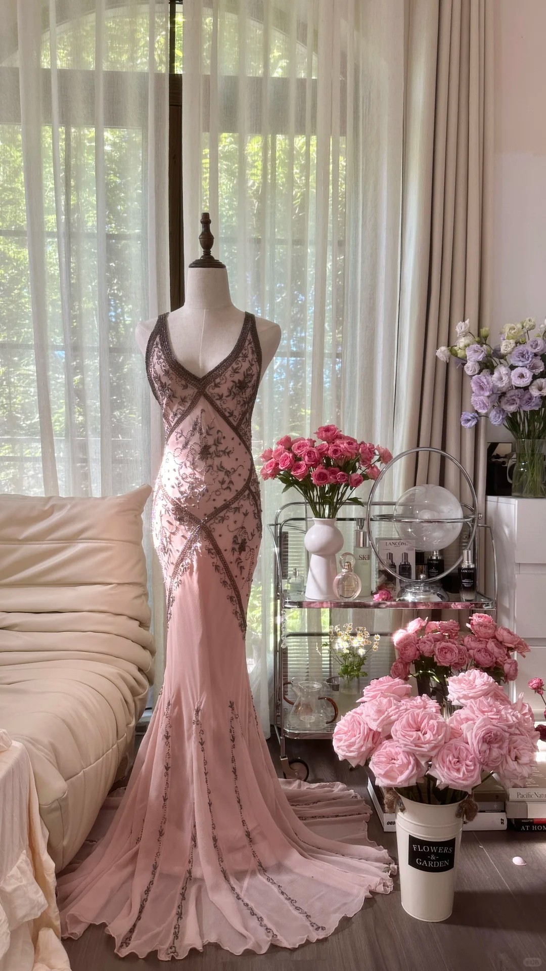 Vintage Pink V-neck Applique Design Elegant Chiffon Evening Dress Prom Dresses TP3987