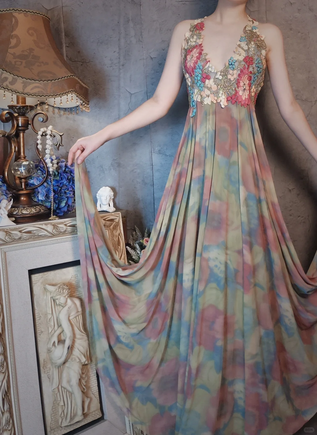 Vintage Floral Backless Design Elegant Chiffon Evening Dress Prom Dress TP4030