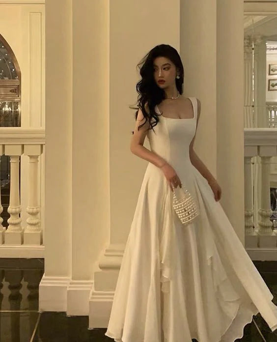 Vintage White Chiffon Long Prom Dress A-Line Ruffle Formal Dress TP4603