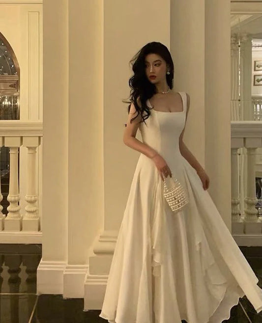 Vintage White Chiffon Long Prom Dress A-Line Ruffle Formal Dress TP4603