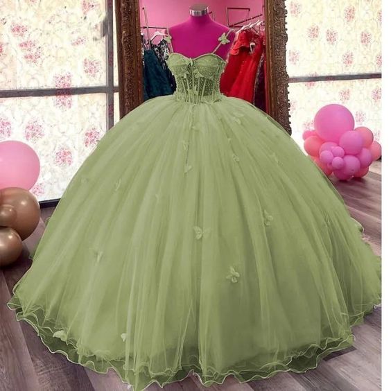 Elegant Green Sweetheart Spaghetti Strap Sweet 16 Quinceanera A-Line Tulle Floor-length Prom Dress Birthday Dress Evening Dress Ball Gown TP4404