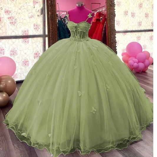 Elegant Green Sweetheart Spaghetti Strap Sweet 16 Quinceanera A-Line Tulle Floor-length Prom Dress Birthday Dress Evening Dress Ball Gown TP4404