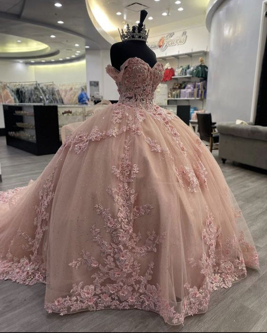 Elegant Pink Applique Sequin Off-the-shoulder Sweet 16 Quinceanera A-Line Floor-length Prom Dress Birthday Dress Evening Dress Ball Gown TP4420