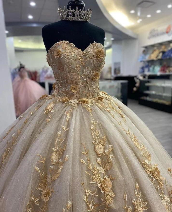 Gorgeous Champagne Sweetheart Applique Sweet 16 Quinceanera A-Line Floor-length Prom Dress Birthday Dress Evening Dress Ball Gown TP4414
