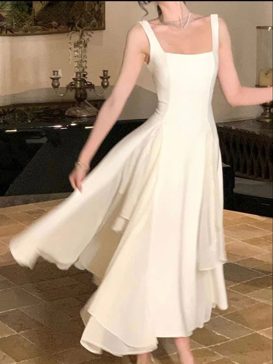 Vintage White Chiffon Long Prom Dress A-Line Ruffle Formal Dress TP4603