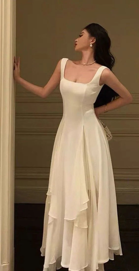 Vintage White Chiffon Long Prom Dress A-Line Ruffle Formal Dress TP4603