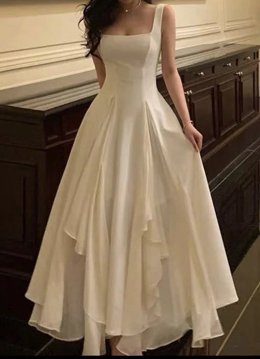 Vintage White Chiffon Long Prom Dress A-Line Ruffle Formal Dress TP4603