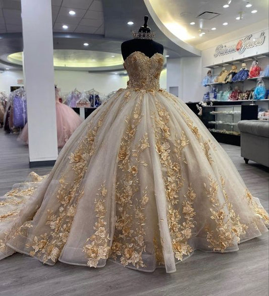 Gorgeous Champagne Sweetheart Applique Sweet 16 Quinceanera A-Line Floor-length Prom Dress Birthday Dress Evening Dress Ball Gown TP4414