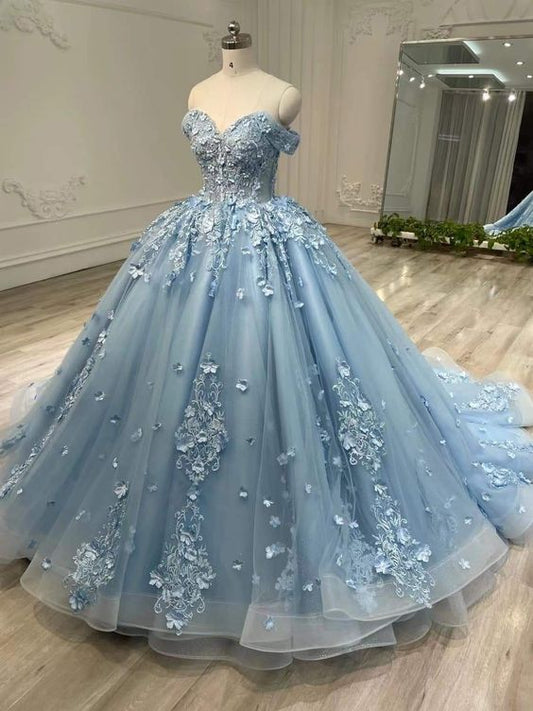 Gorgeous Blue Sweetheart Applique Sweet 16 Quinceanera A-Line Floor-length Prom Dress Birthday Dress Evening Dress Ball Gown TP4413