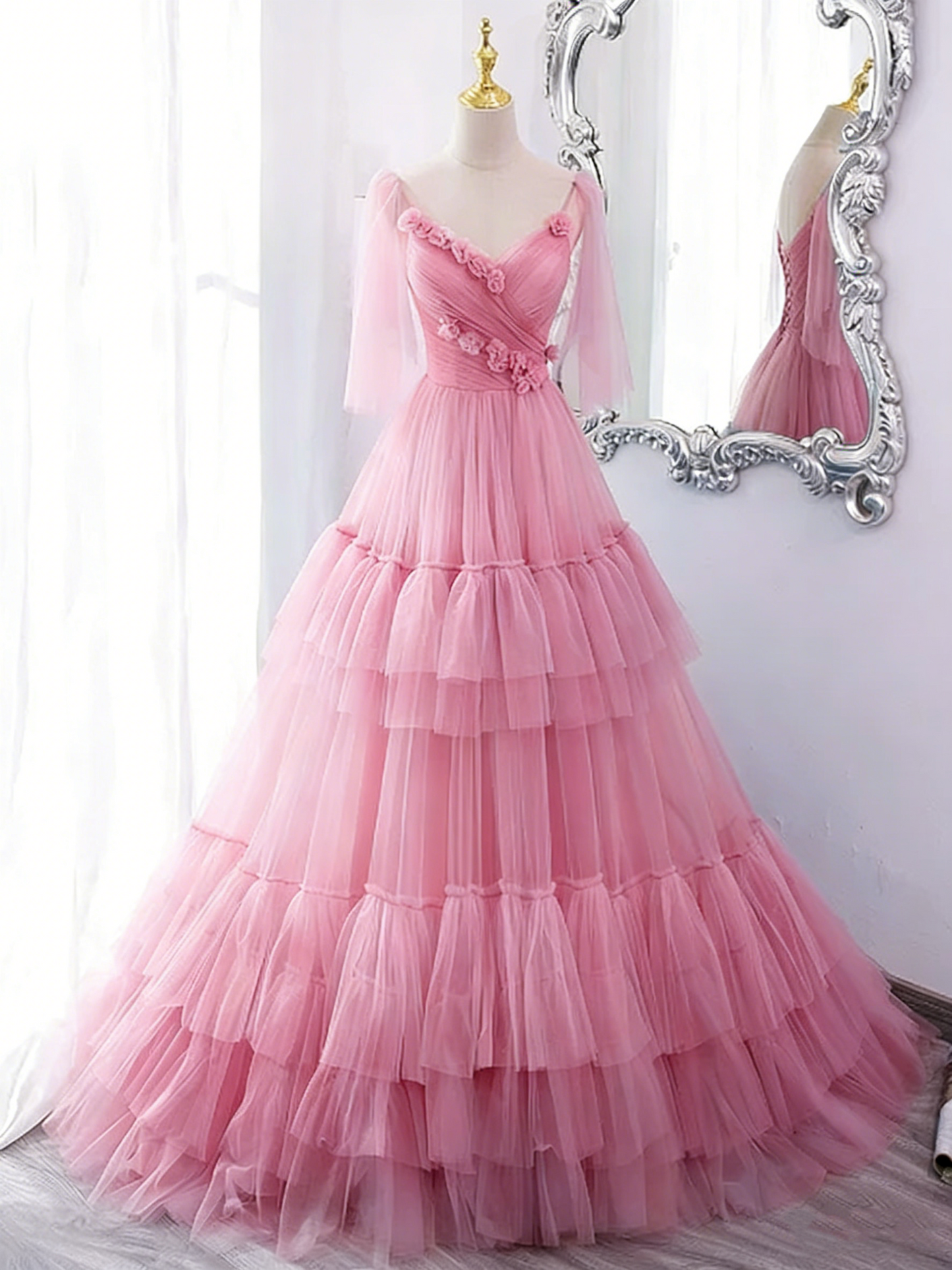 Glamorous Light Blue Tiered Tulle Spaghetti Straps 3D Rose Sweet 15 Quinceanera Ball Gown TP5484