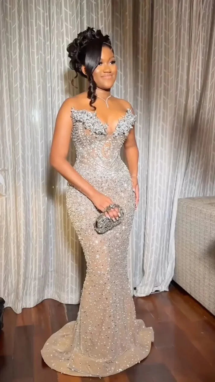 Vintage Silver-gray Beaded Strapless Long Prom Dress Mermaid Formal Dress TP4601