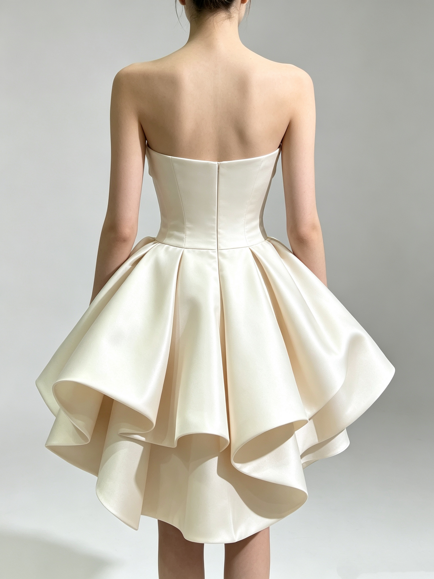 Vintage Ivory Satin Strapless Draped A-Line Ruffle Homecoming Dress TP6048