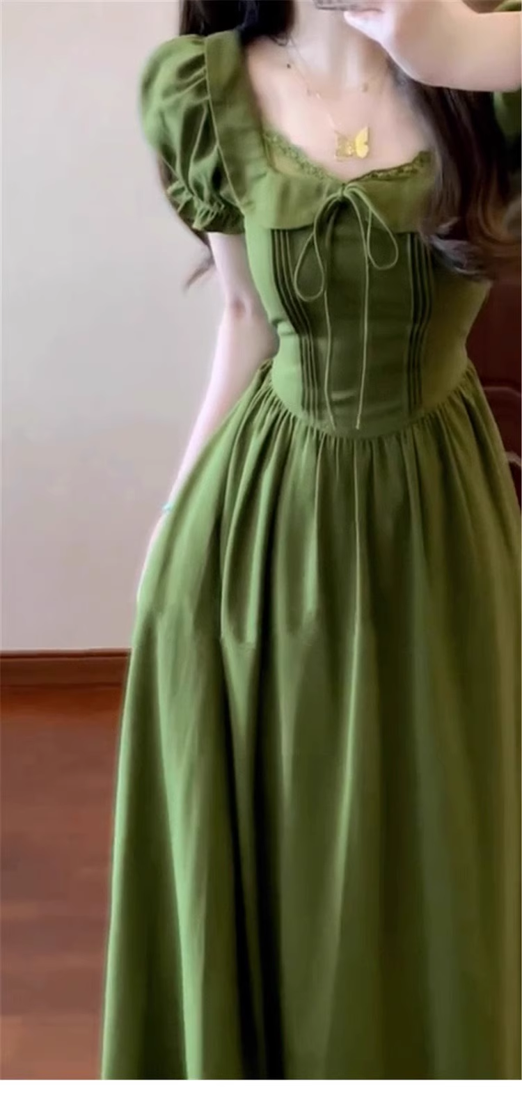 Vintage Olive Green Prom Dress A-Line Short-sleeve Evening Dress Long Formal Dress TP4719
