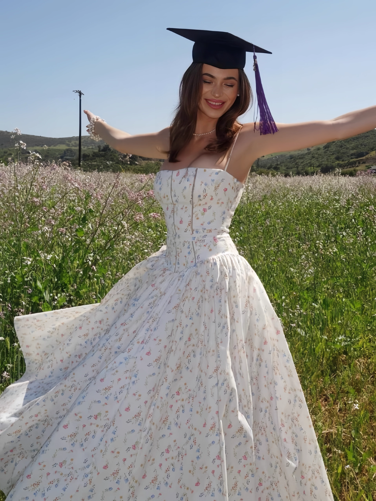 Chic Floral A-Line Spaghetti Strap Long Party Dress TP4923