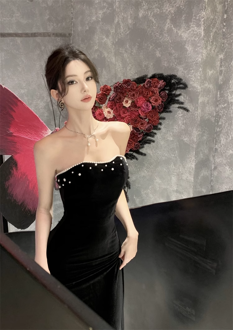 New Simple Design Black A-Line Elegant Women Strapless Dress TP3149