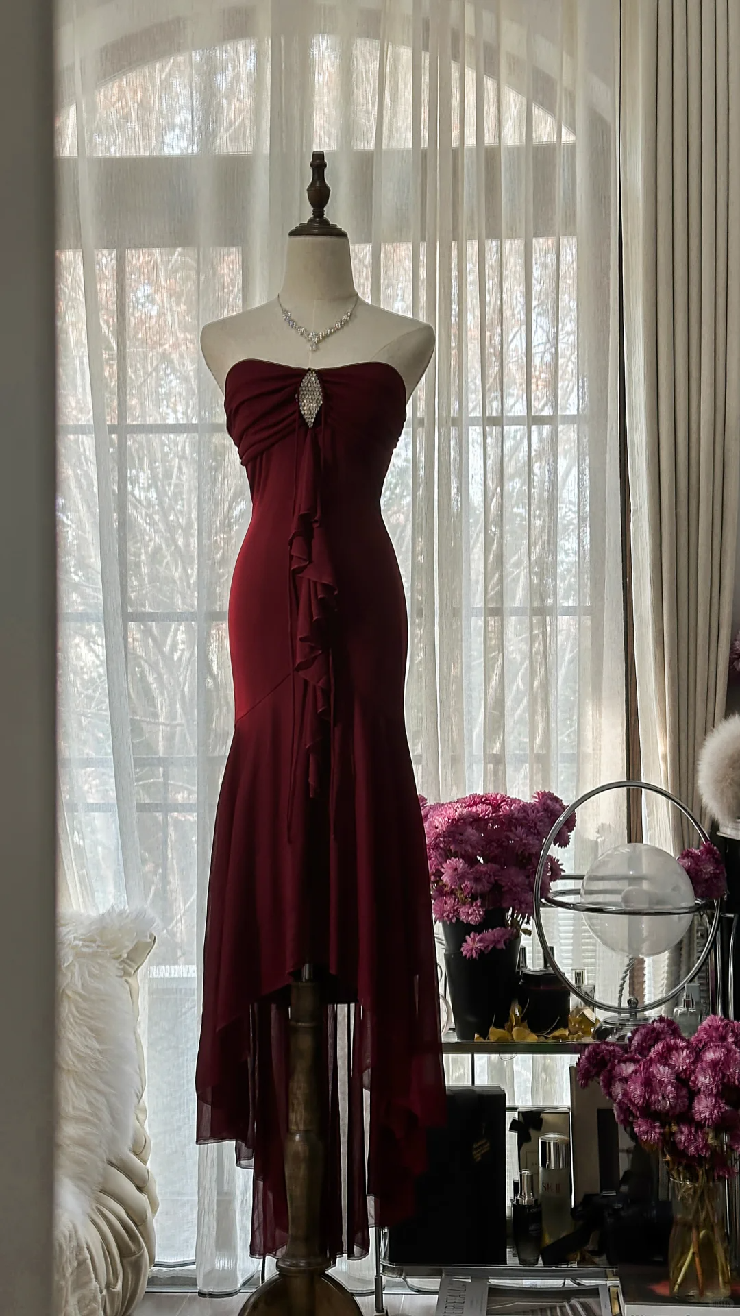 Elegant Burgundy Strapless Gorgeous Beaded Chiffon Evening Dress Prom Dress TP3974