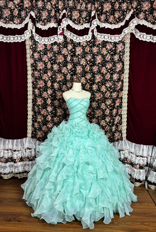Vintage Blue-green Tulle Beaded Strapless Quinceanera A-Line Evening Dress Prom Dress Ball Gown TP4263