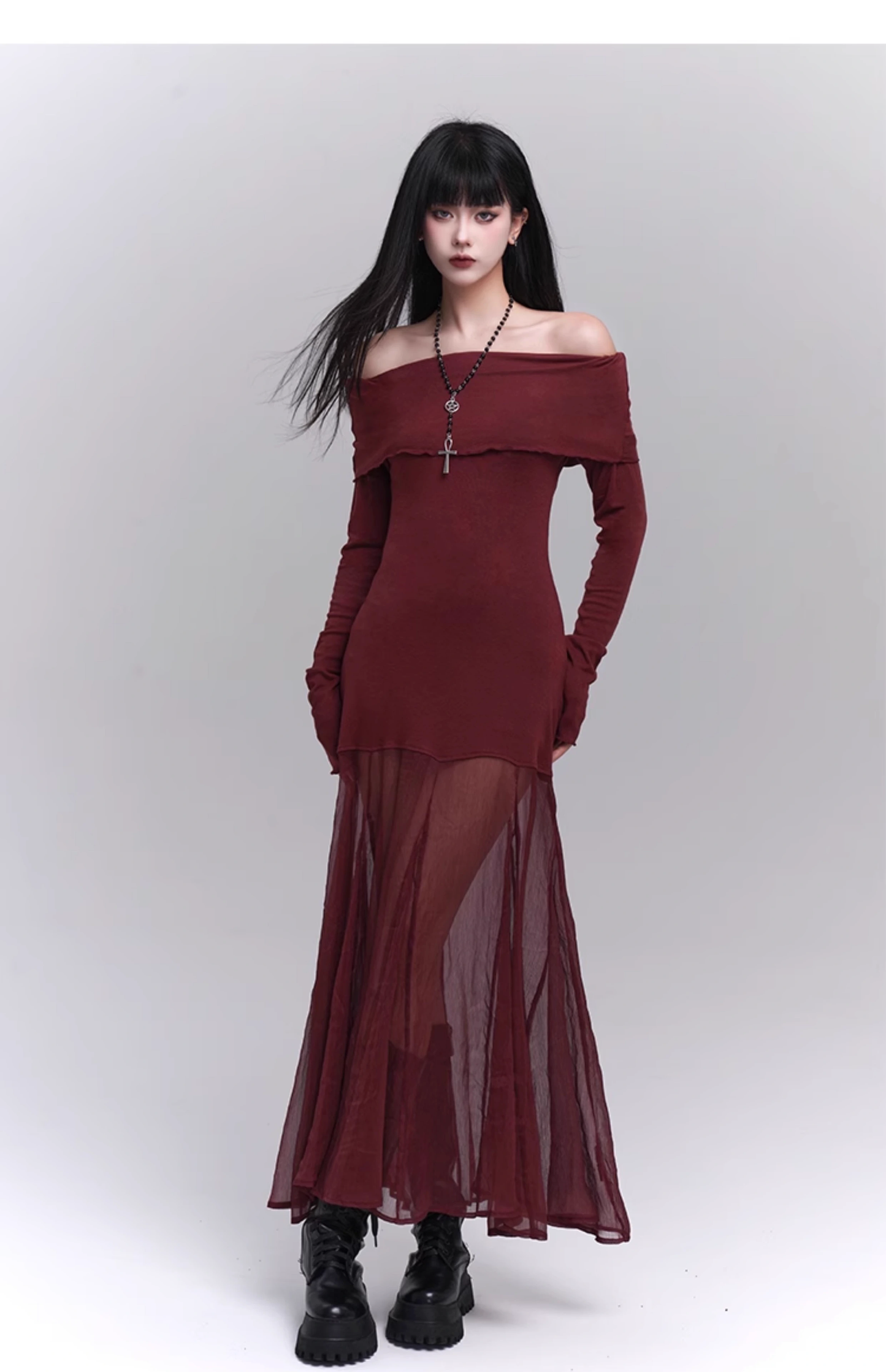 Elegant Design Sense Wine Red Velet Long-sleeved Dress TP2924