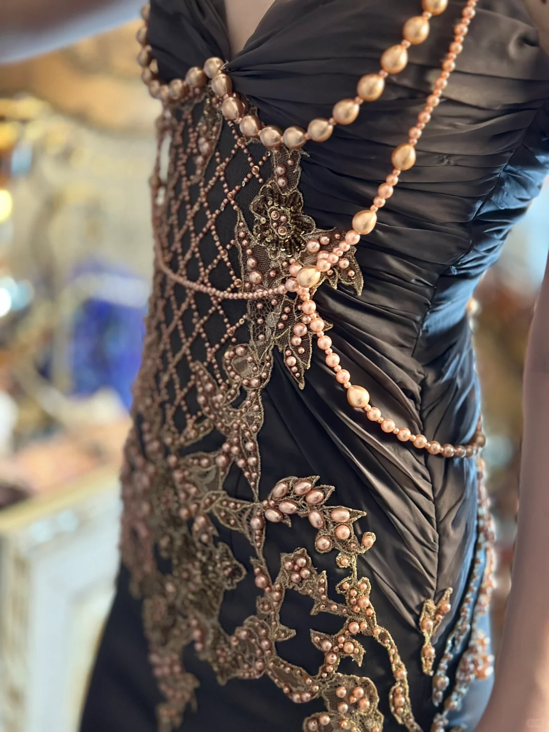 Retro Brown V-neck Beaded Spaghetti Strap Appliqued Design Elegant Satin Evening Dress Prom Dress TP4034