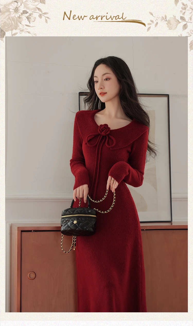 Vintage Burgundy Sheath Prom Dress Long-sleeve Evening Dress Knit Long Formal Dress TP4729