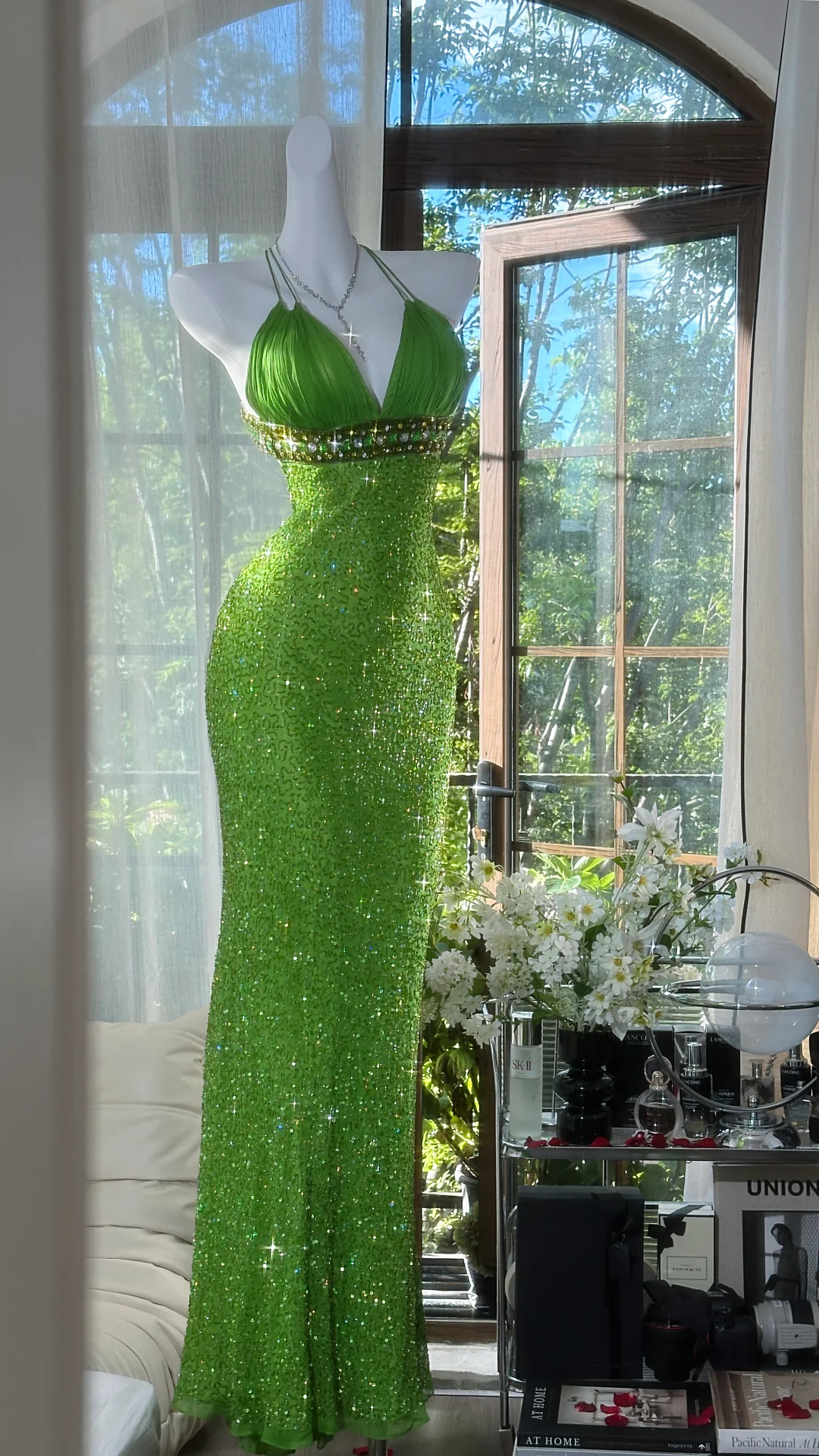 Shiny Green Sequined V-neck Spaghetti Strap Design Chiffon Prom Dress Evening Dress TP4242
