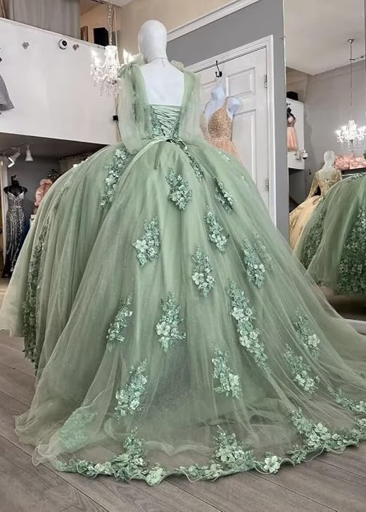 Gorgeous Sage Green Applique Sweetheart Off-the-shoulder Sweet 16 Quinceanera A-Line Floor-length Prom Dress Evening Dress Ball Gown TP4396