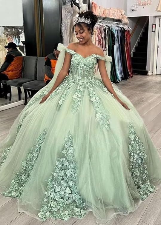 Gorgeous Sage Green Applique Sweetheart Off-the-shoulder Sweet 16 Quinceanera A-Line Floor-length Prom Dress Evening Dress Ball Gown TP4396