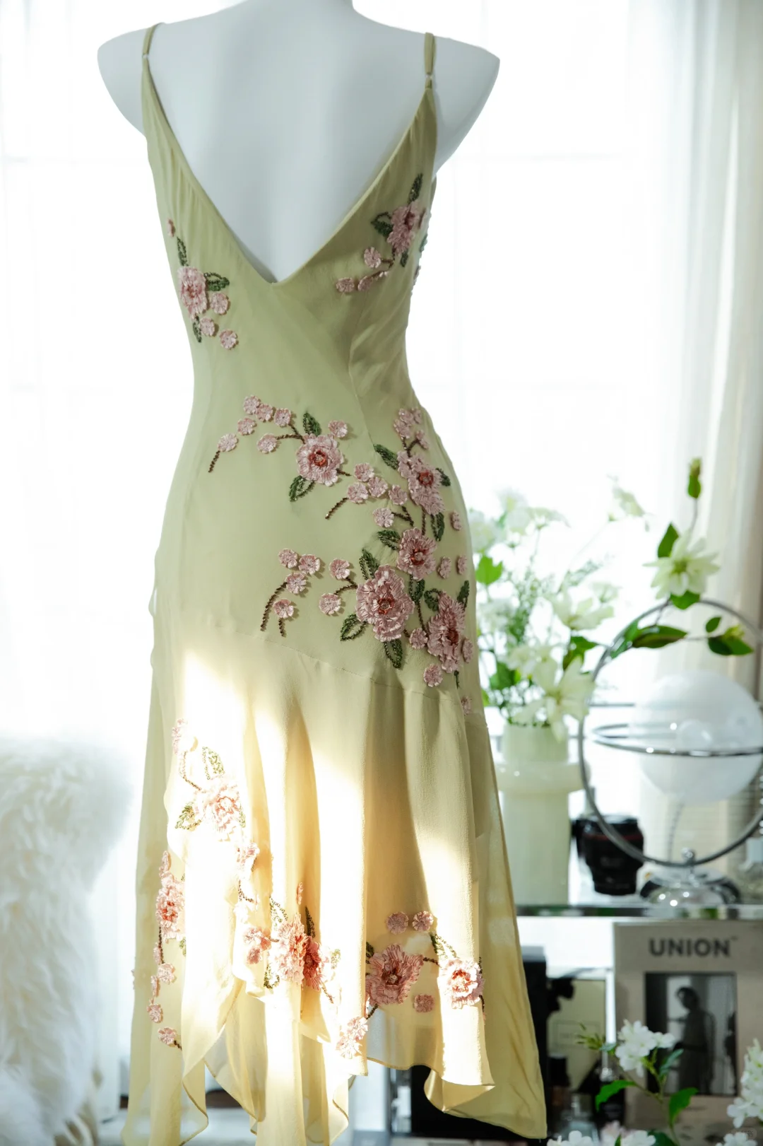 Vintage Light Green Spaghetti Strap Floral Design A-line Romantic Chiffon Evening Dress Prom Dress TP4006