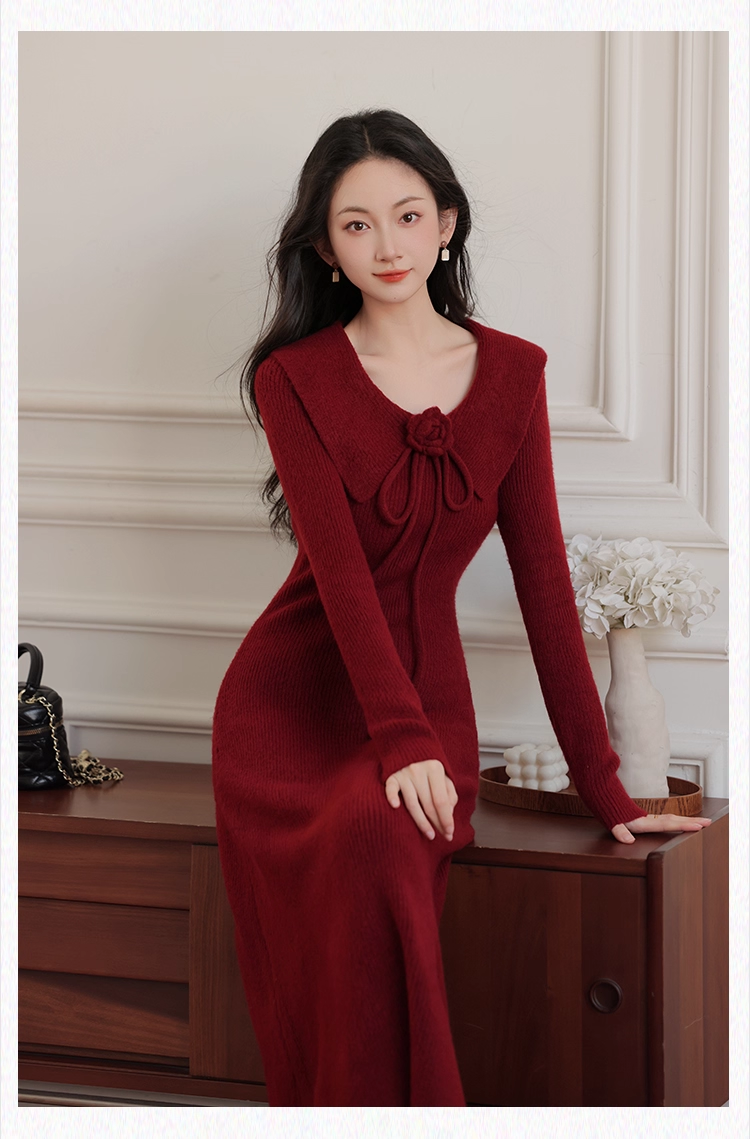 Vintage Burgundy Sheath Prom Dress Long-sleeve Evening Dress Knit Long Formal Dress TP4729