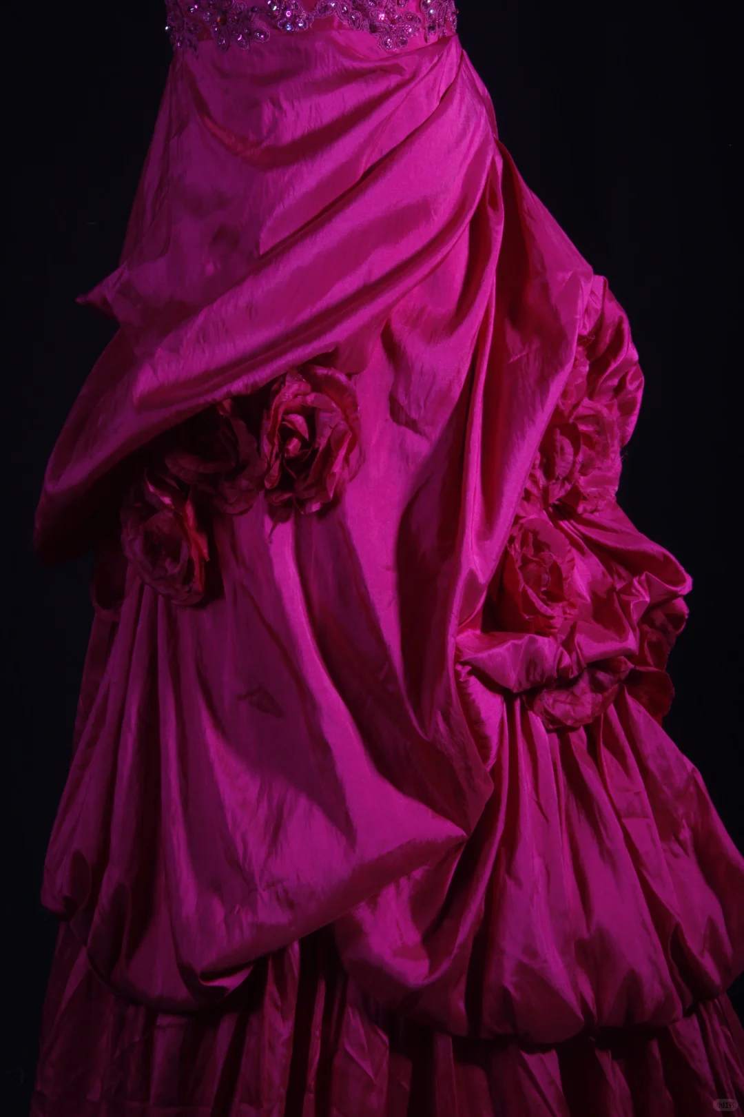 Vintage Fuchsia Strapless Satin Beaded 3D Rose Ruffled Evening Gown TP5417