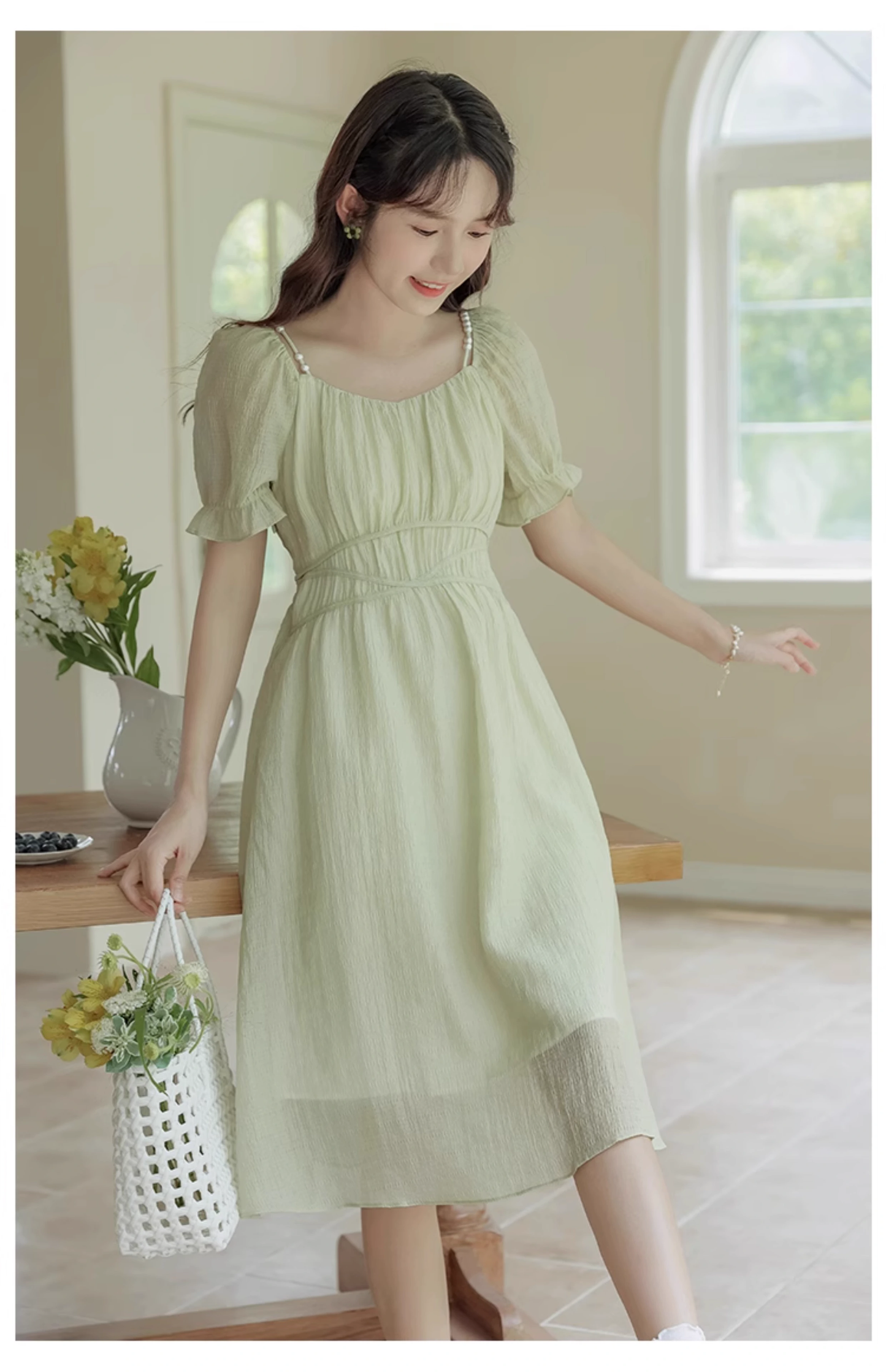 New Simple Fashion Green Short Sleeve Design A-Line Long Dress TP3044