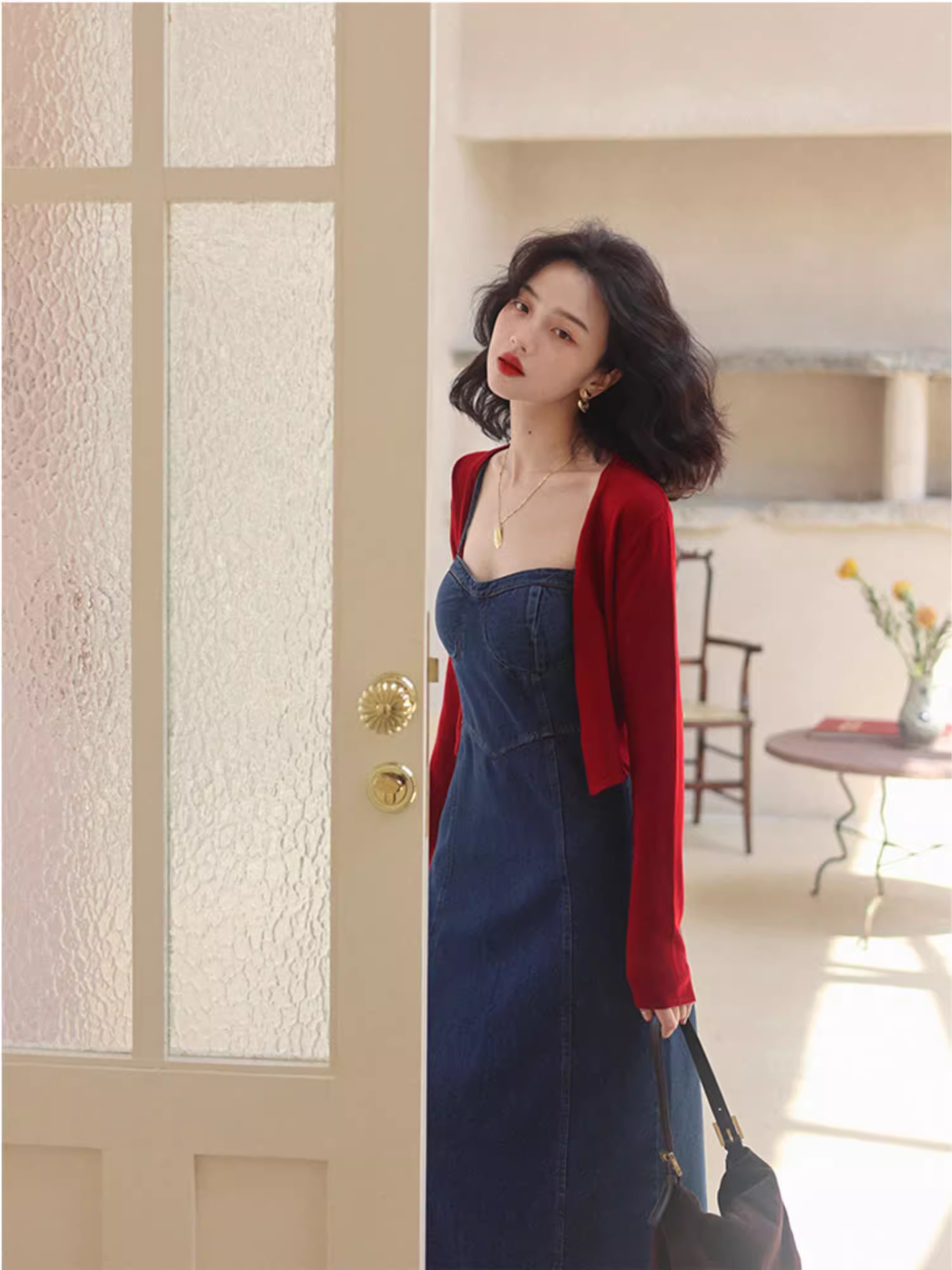 Simple Fashion Red Cardigan & Spaghetti Strap Denim Dress TP3162