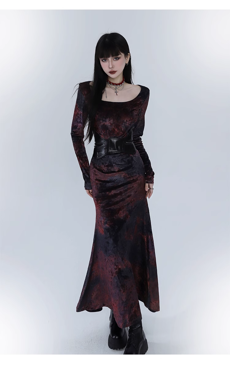 Elegant Design Sense Wine Red Velet Long-sleeved Dress TP2923