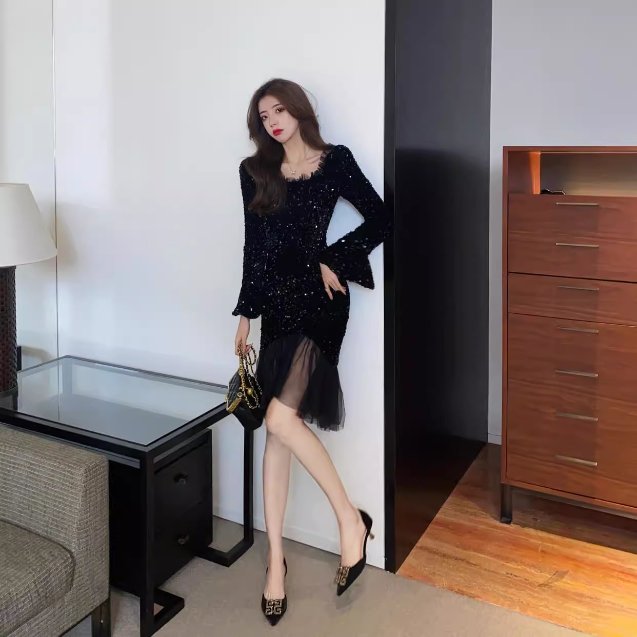 Vintage Elegant Sequins Design A-Line Square Neckline Mermaid Long-sleeved Dress TP3137