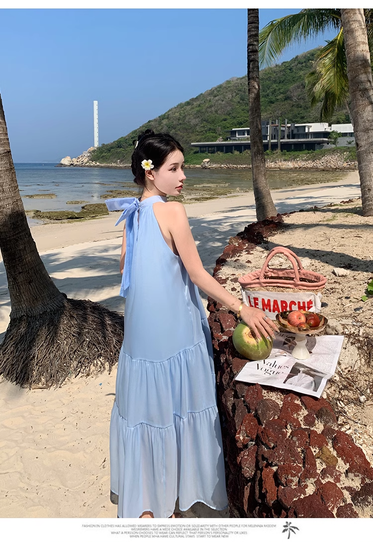 Simple Elegant Blue Design Beach Holiday Halter Dress TP3070