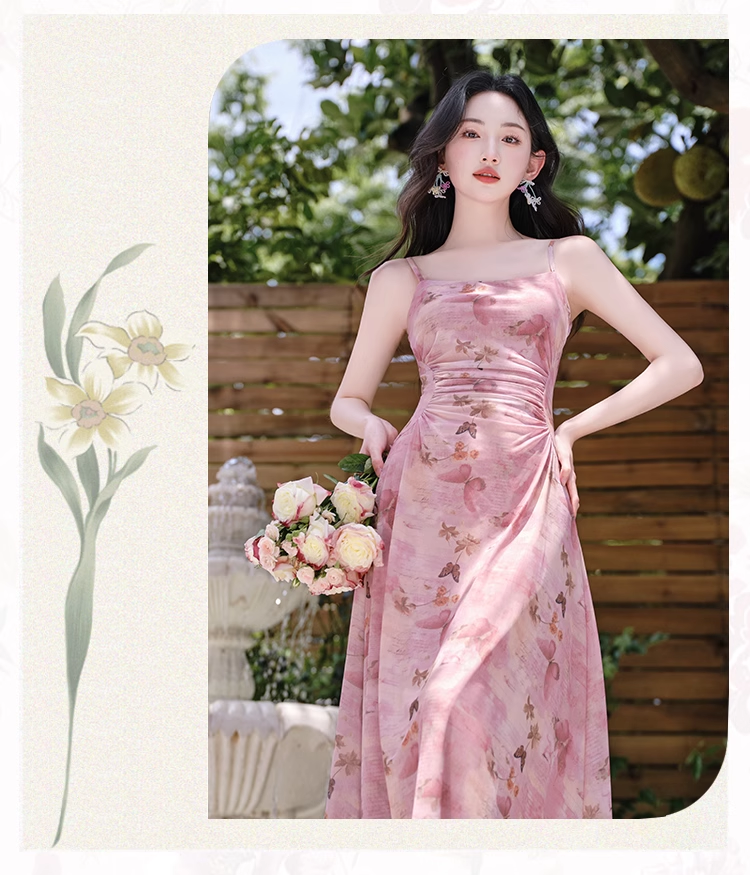 Retro Fashion Pink Flora Design Beach Holiday A-line Spaghetti Strap Dress TP3367