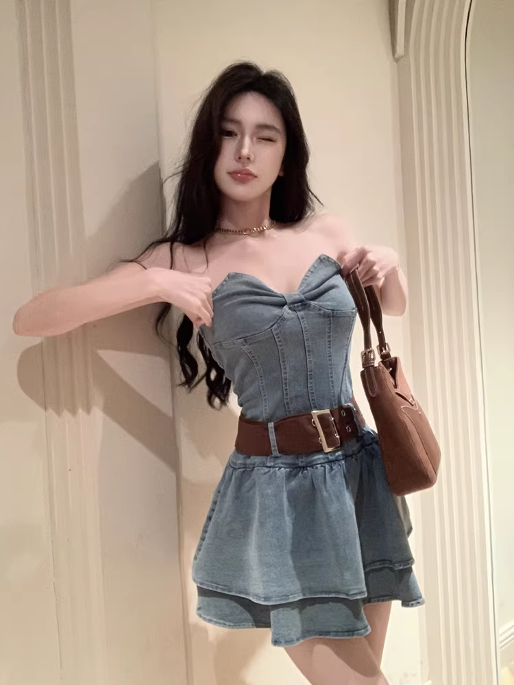 Cute Bow Design A-Line Strapless Denim Short Dress TP3161