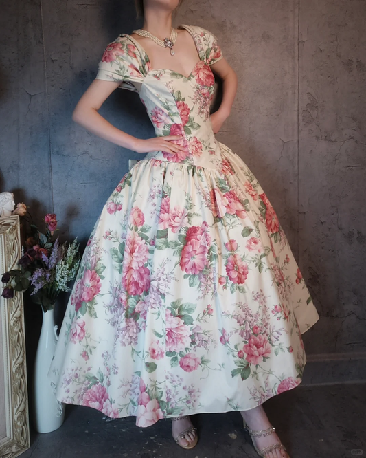 Vintage Sweetheart Floral Design Romantic Short-sleeved Evening Dress Prom Dress TP4022