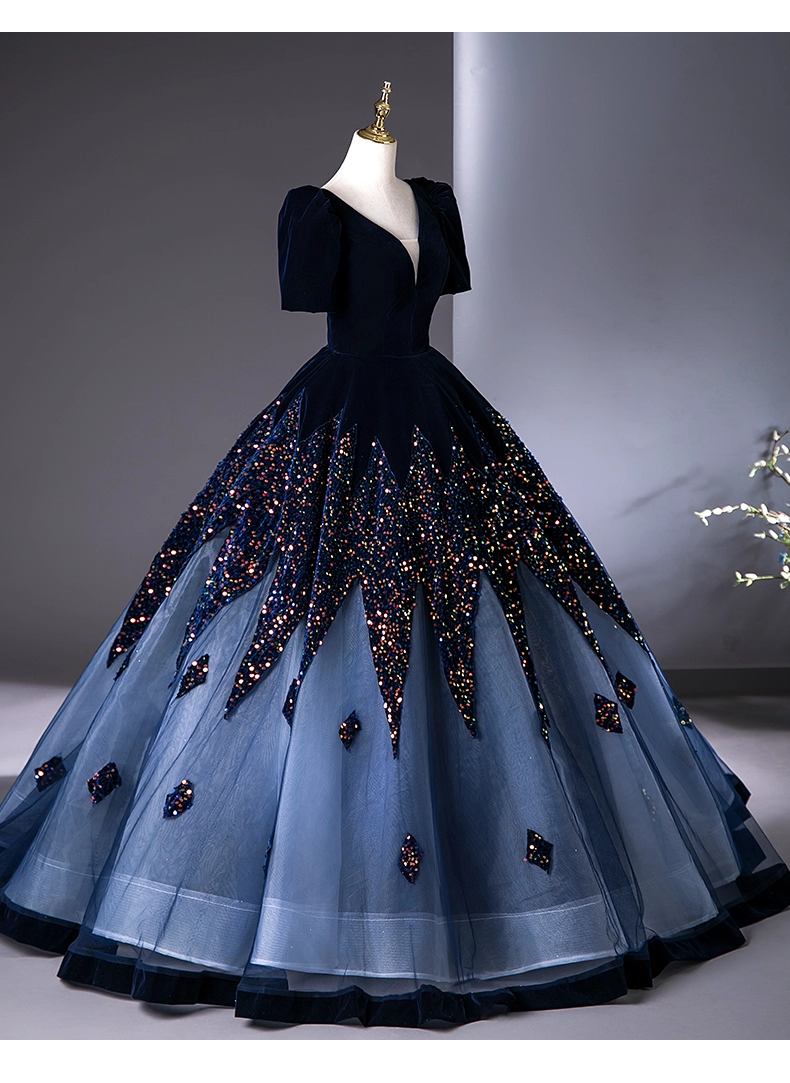 Vintage Navy Blue Velvet Beaded Sweet 16 Quinceanera A-Line V-neck Short-sleeved Evening Dress Long Ball Gown TP4947