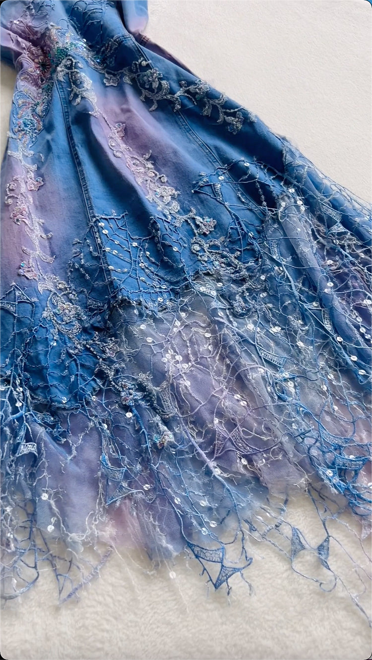 Vintage Blue Denim Sequin Applique Prom Dress A-Line Spaghetti Strap Evening Dress Long Formal Dress TP4687