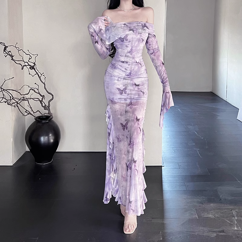 Women Elegant Mesh Butterfly Print Lavender Slim Long-sleeved Dress TP2899