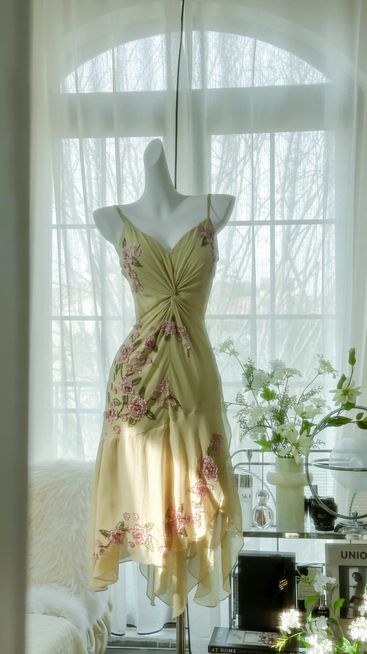 Vintage Light Green Spaghetti Strap Floral Design A-line Romantic Chiffon Evening Dress Prom Dress TP4006